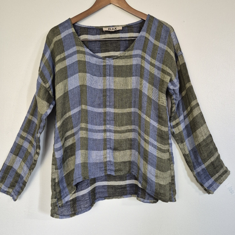 Flax Linen Plaid Boxy Top Drapey Oversized P XS See Measurements